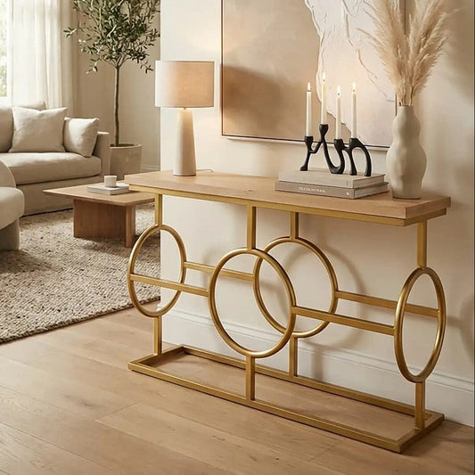 Natural Oak Wood Rectangular Console Table with Gold Finish, Jarloi