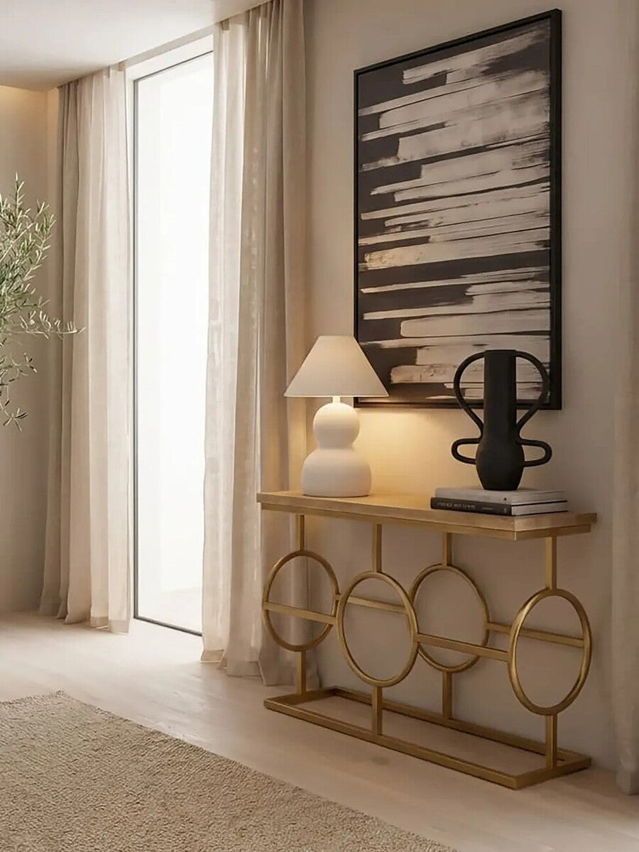Natural Oak Wood Rectangular Console Table with Gold Finish | Jarloi