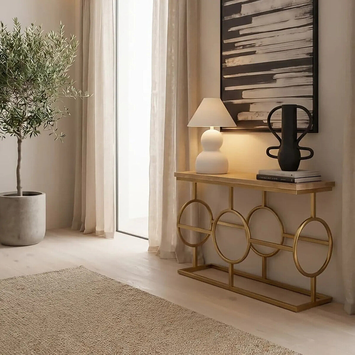 Natural Oak Wood Rectangular Console Table with Gold Finish | Jarloi