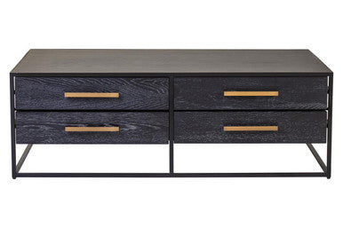 Black Finish 4-Drawer Coffee Table with Metallic Handles and Iron Frame, Judd