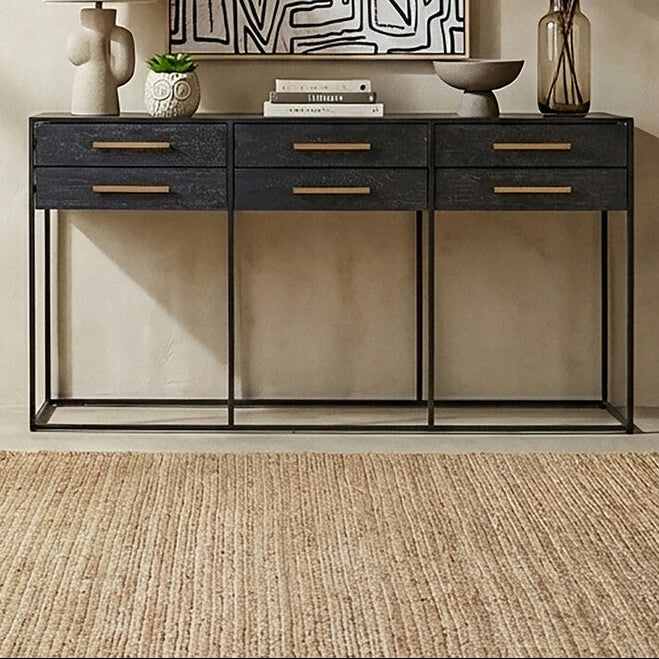 Black Finish 6-Drawer Coffee Table with Metallic Handles and Iron Frame, Judd