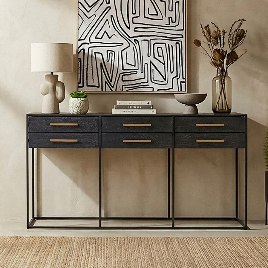 Black Finish 6-Drawer Coffee Table with Metallic Handles and Iron Frame, Judd