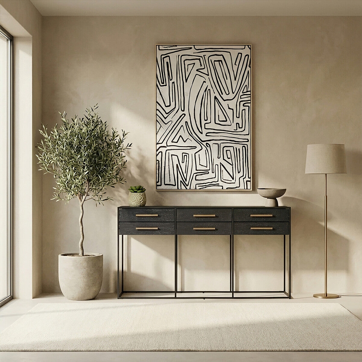 Black Finish 6-Drawer Coffee Table with Metallic Handles and Iron Frame, Judd