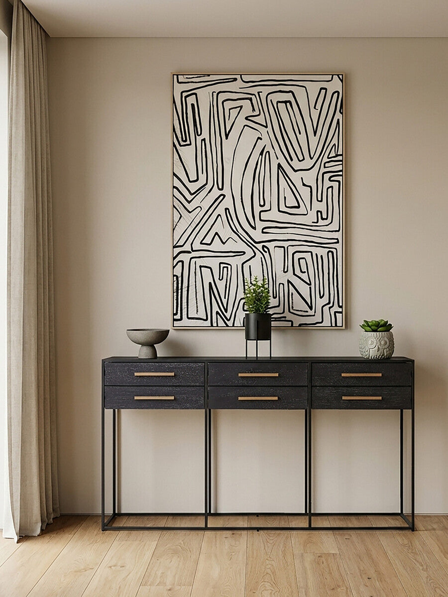 Black Finish 6-Drawer Coffee Table with Metallic Handles and Iron Frame, Judd