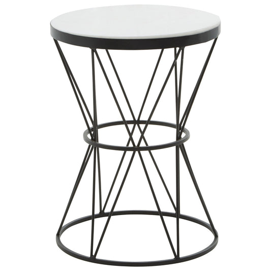 White Marble Top Side Table with Black Triangular Iron Base, Shalimar