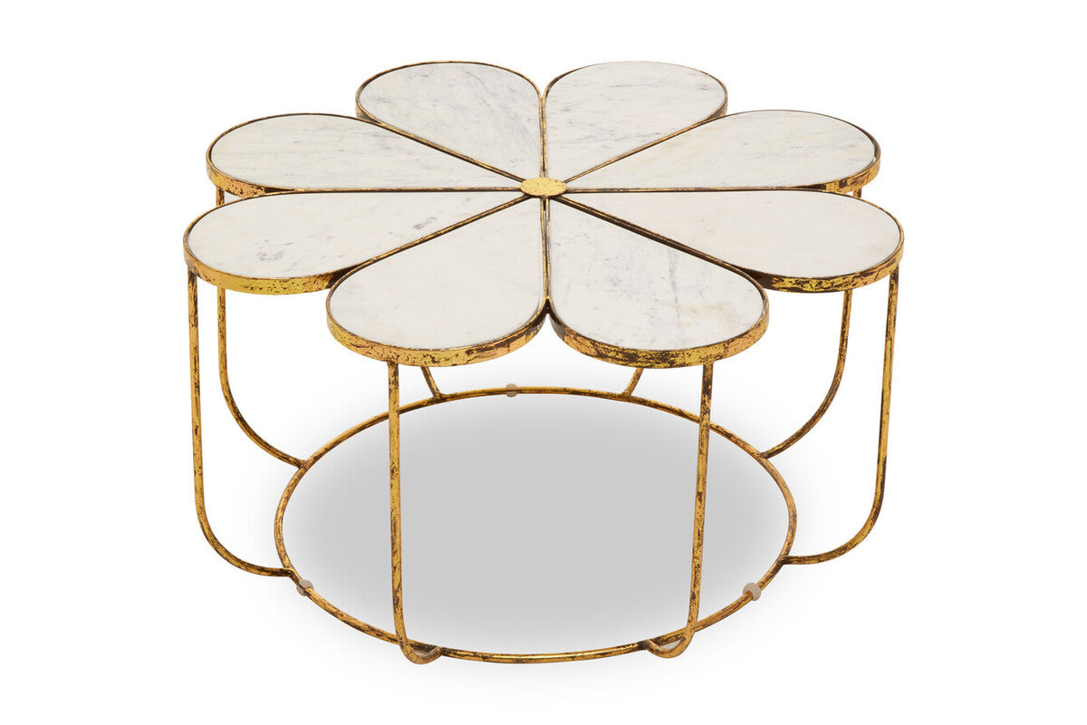 White Polished Marble Top Coffee Table with Petal Design Openwork Base | Rabia