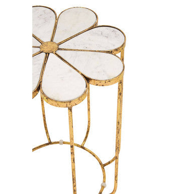 White Polished Marble Top Side Table with Petal Design Openwork Base | Rabia