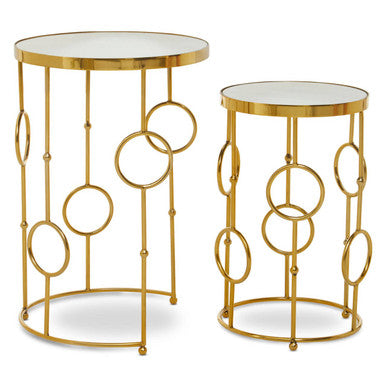 Gold Warm Metallic Finish Set of 2 Side Table with Multi Circle Pattern | Rabia