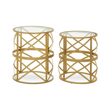 Gold Mirrored Top Set of 2 Side Table with Diamond Pattern Frames, Rabia
