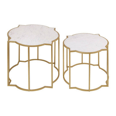 White Marble Quatrefoil Top Set of 2 Side Table with Brass Finish Frames | Rabia