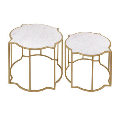 White Marble Quatrefoil Top Set of 2 Side Table with Brass Finish Frames | Rabia