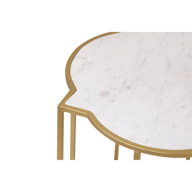 White Marble Quatrefoil Top Set of 2 Side Table with Brass Finish Frames | Rabia