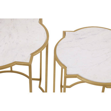 White Marble Quatrefoil Top Set of 2 Side Table with Brass Finish Frames | Rabia