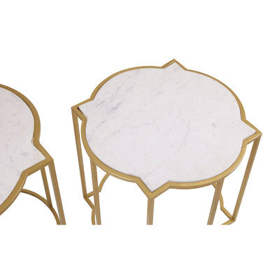 White Marble Quatrefoil Top Set of 2 Side Table with Brass Finish Frames | Rabia