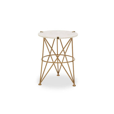 White Rounded Marble Top Side Table with Gold Brass Finish Intersecting Legs | Rabia