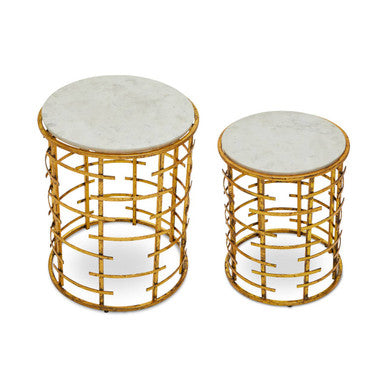Set of 2 White Marble Tops Round Nesting Tables with Gold Metallic Base, Rabia