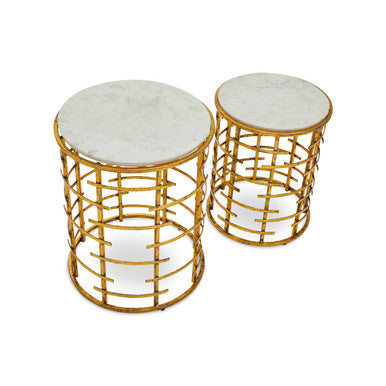 Set of 2 White Marble Tops Round Nesting Tables with Gold Metallic Base, Rabia