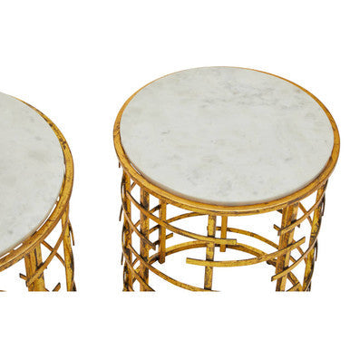Set of 2 White Marble Tops Round Nesting Tables with Gold Metallic Base, Rabia