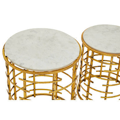 Set of 2 White Marble Tops Round Nesting Tables with Gold Metallic Base, Rabia