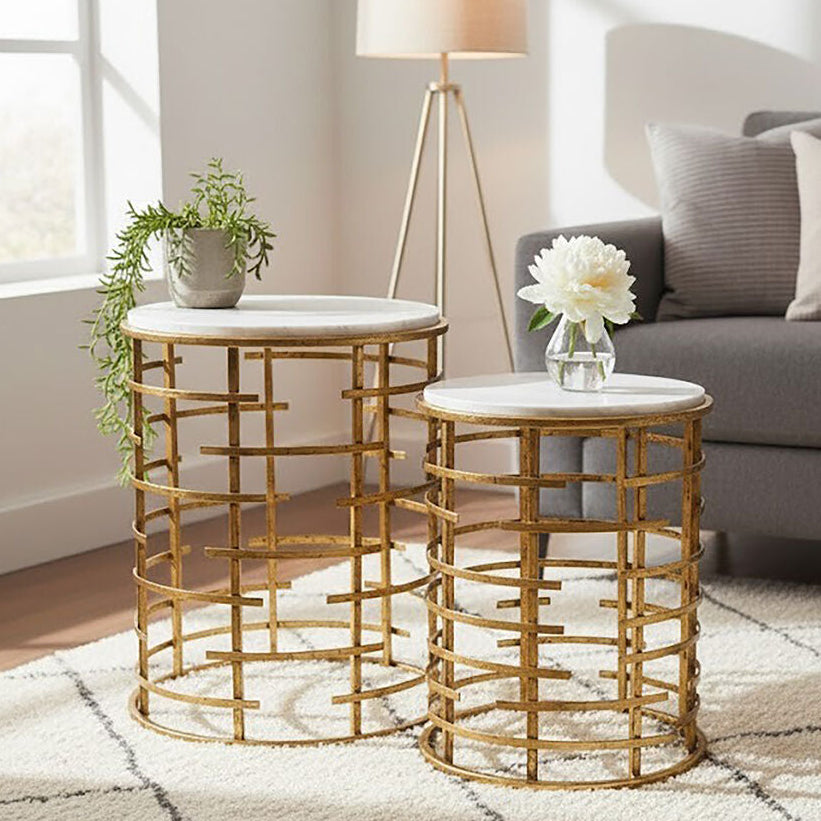 Set of 2 White Marble Tops Round Nesting Tables with Gold Metallic Base, Rabia