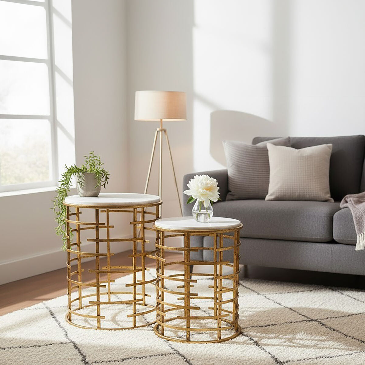 Set of 2 White Marble Tops Round Nesting Tables with Gold Metallic Base, Rabia