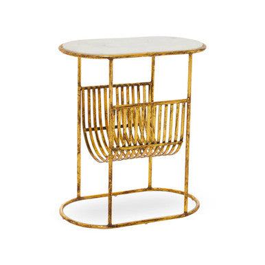 White Marble Top Side Table with Curved Magazine Rack and Gold Metallic Frame, Rabia