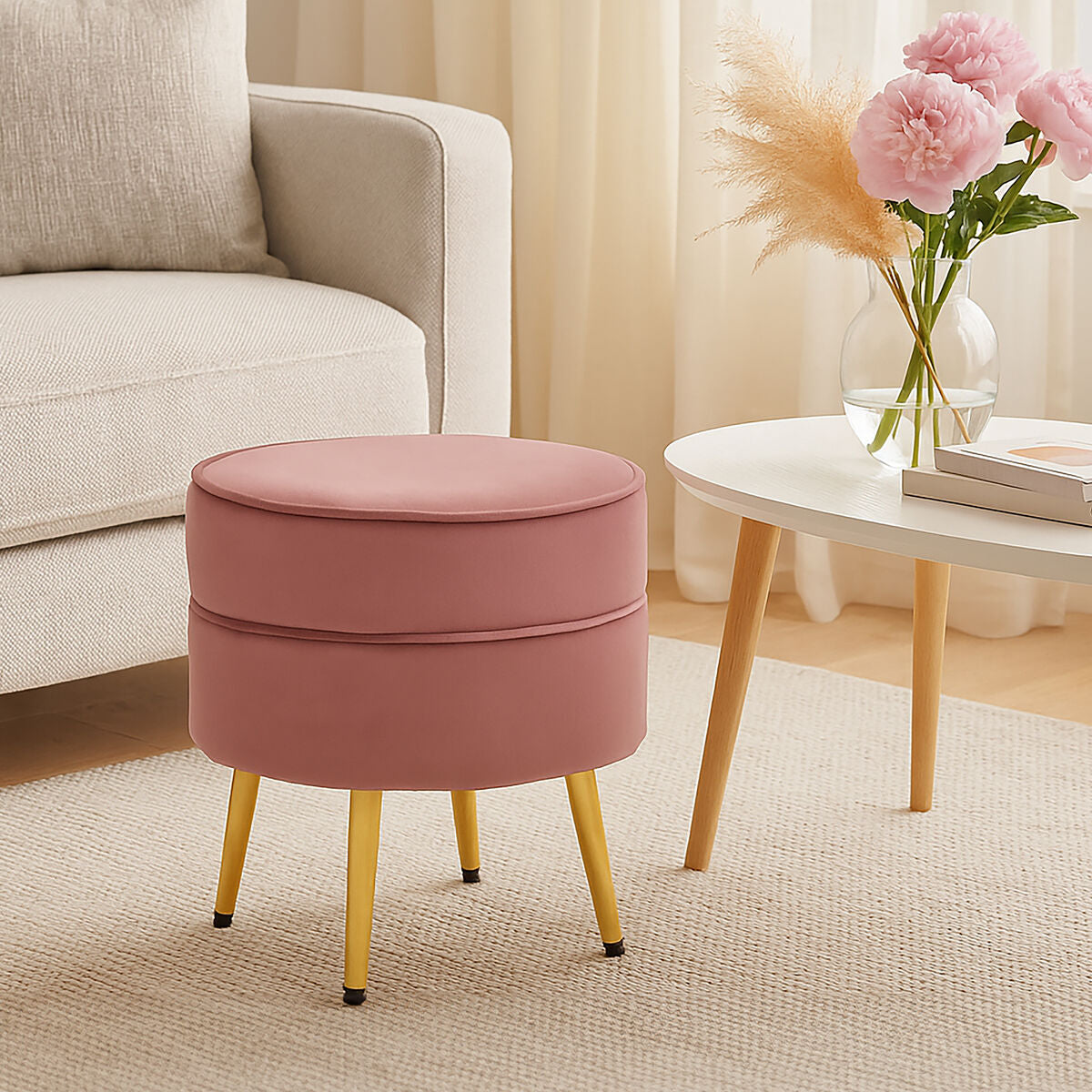 Tamra Round Dusty Pink Velvet Gold Leg Footstool