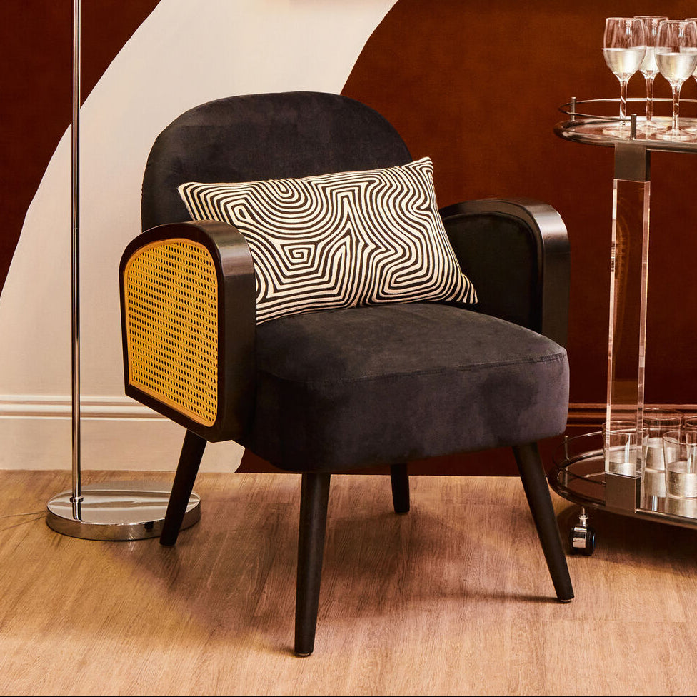 Hala Black Velvet Armchair with Wooden Legs