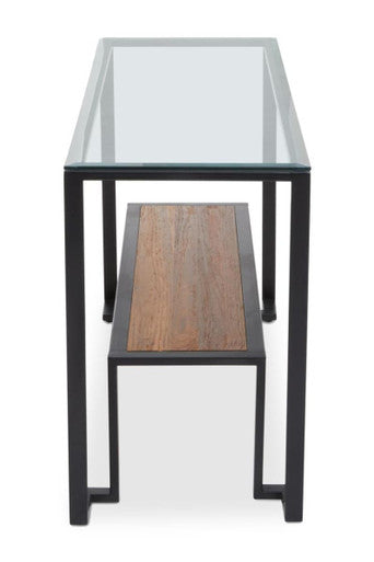 Tempered Glass Top 2-Tier Console Table with Wood Lower Shelf and Black Metallic Frame | Cibo