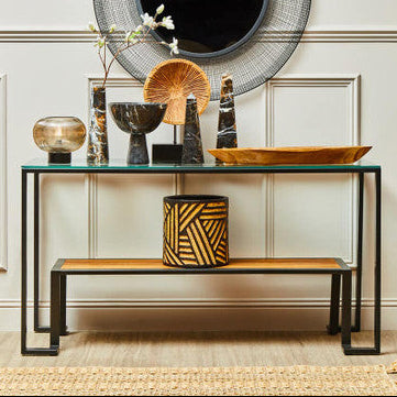 Tempered Glass Top 2-Tier Console Table with Wood Lower Shelf and Black Metallic Frame, Cibo