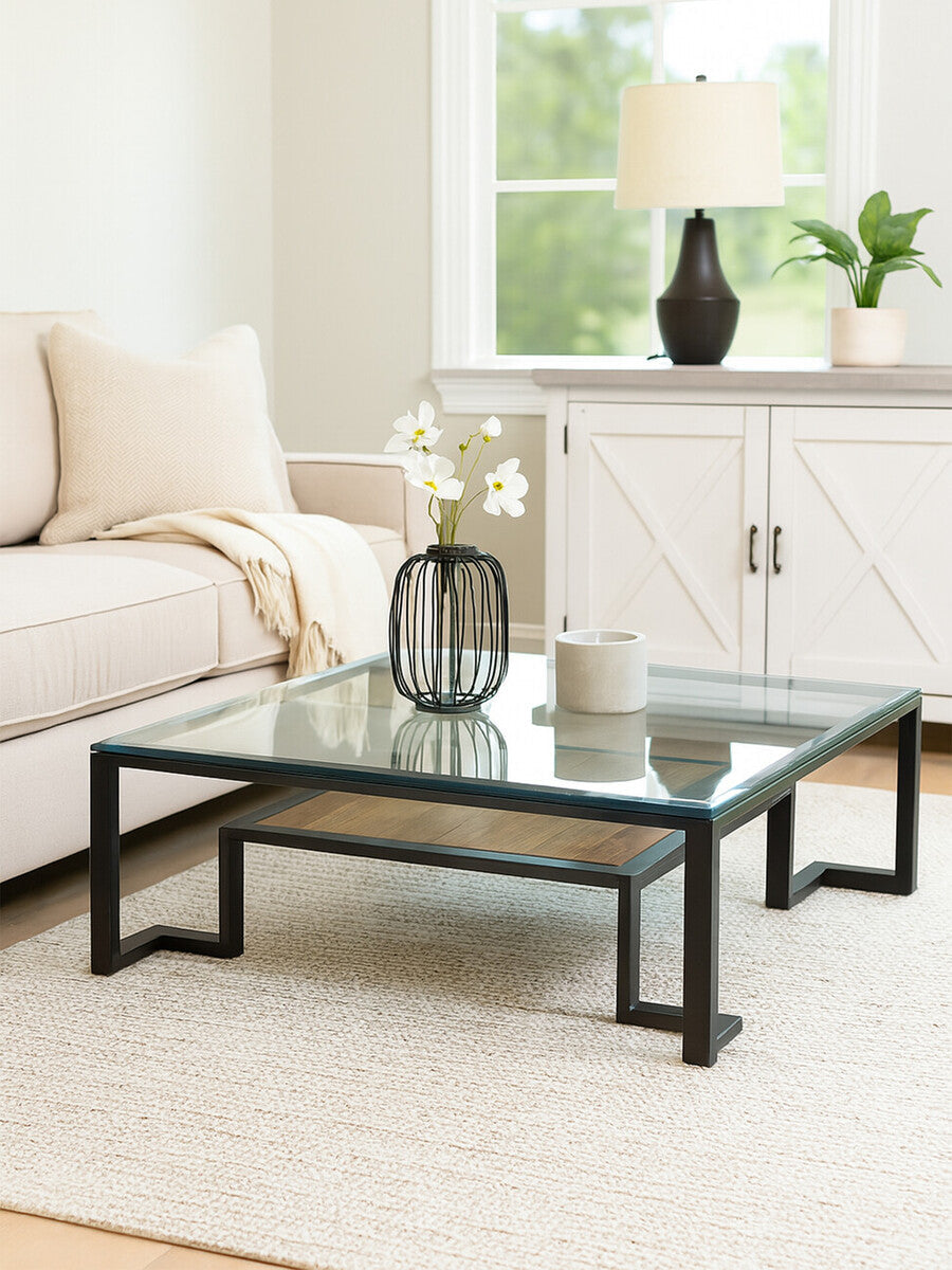 Black Wooden Frame and Glass Top Coffee Table with Shelf | Cibo