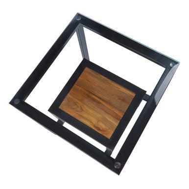 Clear Glass Top Side Table with Lower Wood Shelf and Black Metal Frame | Cibo