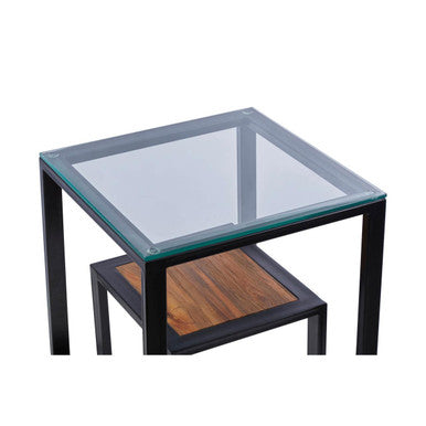 Clear Glass Top Side Table with Lower Wood Shelf and Black Metal Frame | Cibo