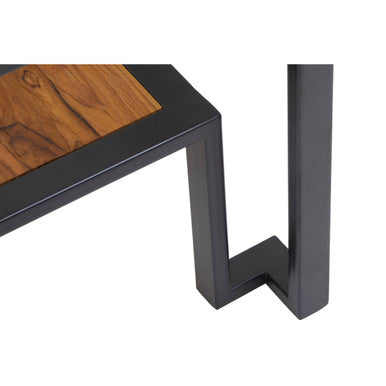 Clear Glass Top Side Table with Lower Wood Shelf and Black Metal Frame | Cibo