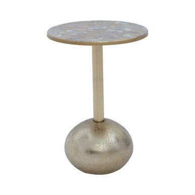 Geometric Mosaic Top Gold Finish Side Table with Slim Column and Round Base, Inventivo