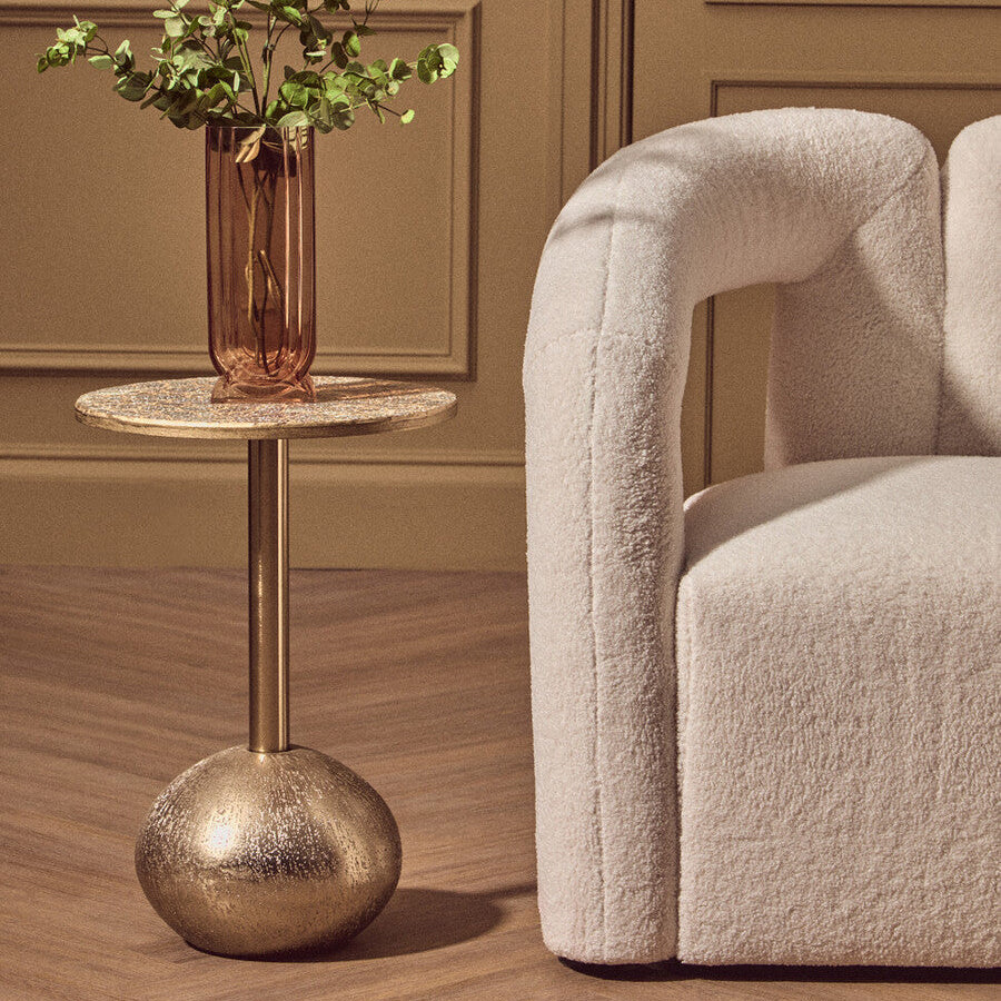 Geometric Mosaic Top Gold Finish Side Table with Slim Column and Round Base, Inventivo