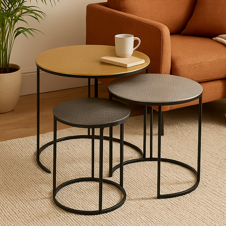 Set of 3 Black and Gold Hammered Metal Nesting Tables, Elias