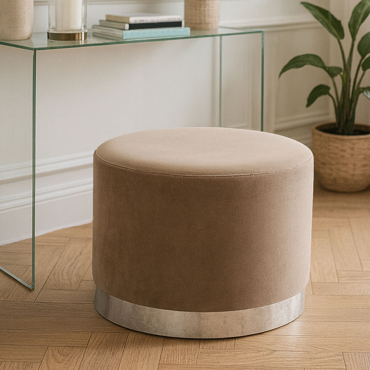 Hagen Mink Velvet Round Stool with Stainless Steel Base