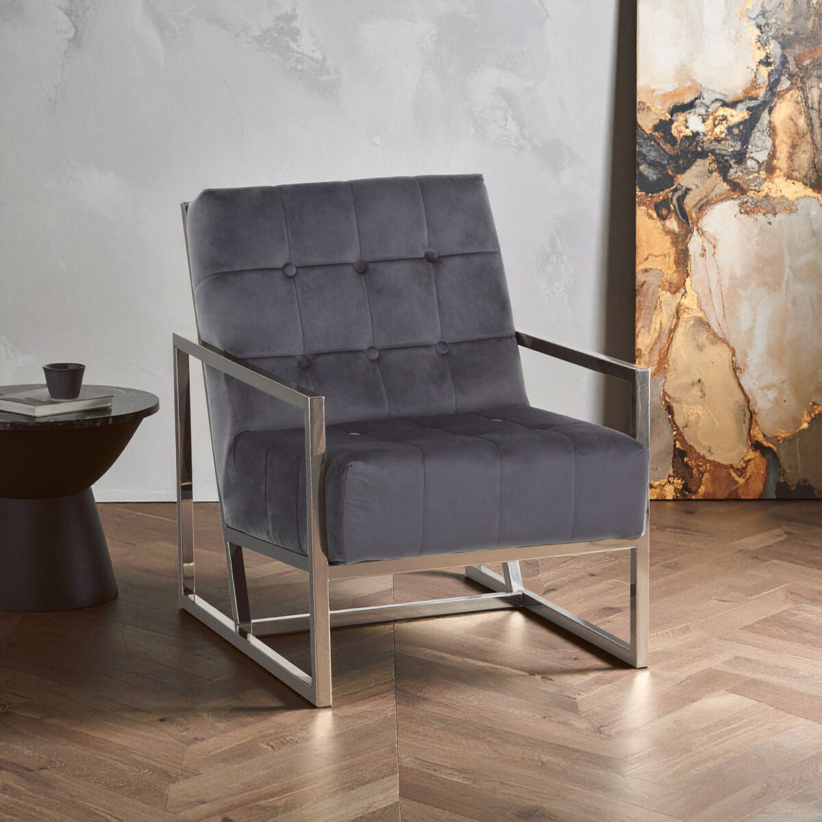 Hana Grey Velvet Chair with Silver Stainless Steel Frame