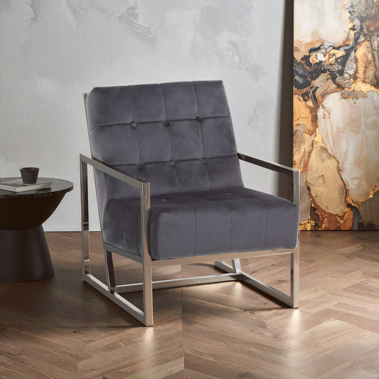 Hana Grey Velvet Chair with Silver Stainless Steel Frame