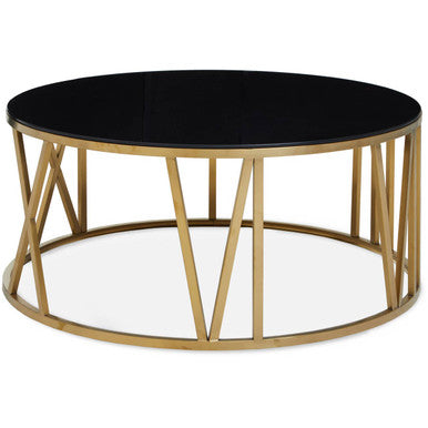 Brushed Gold Finish Steel Side Table with Roman Numeral Frame and Black Tempered Glass Top | Alana