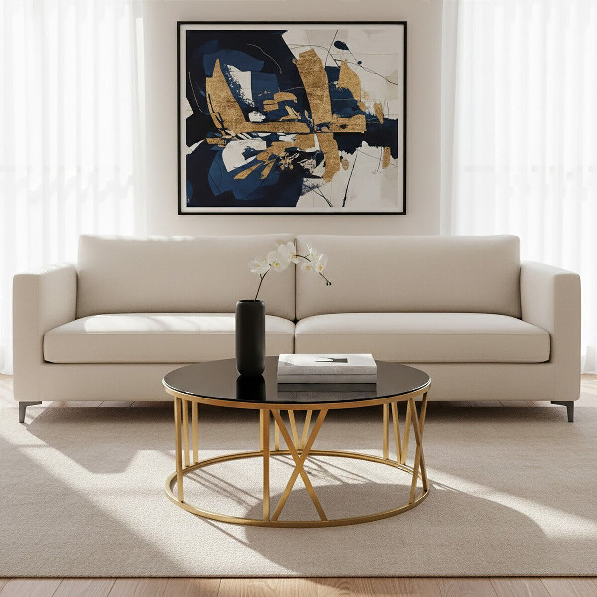 Brushed Gold Finish Steel Side Table with Roman Numeral Frame and Black Tempered Glass Top | Alana