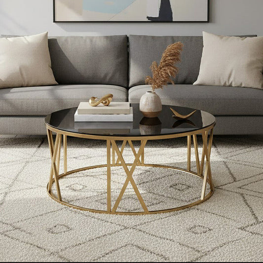 Brushed Gold Finish Steel Side Table with Roman Numeral Frame and Black Tempered Glass Top, Alana