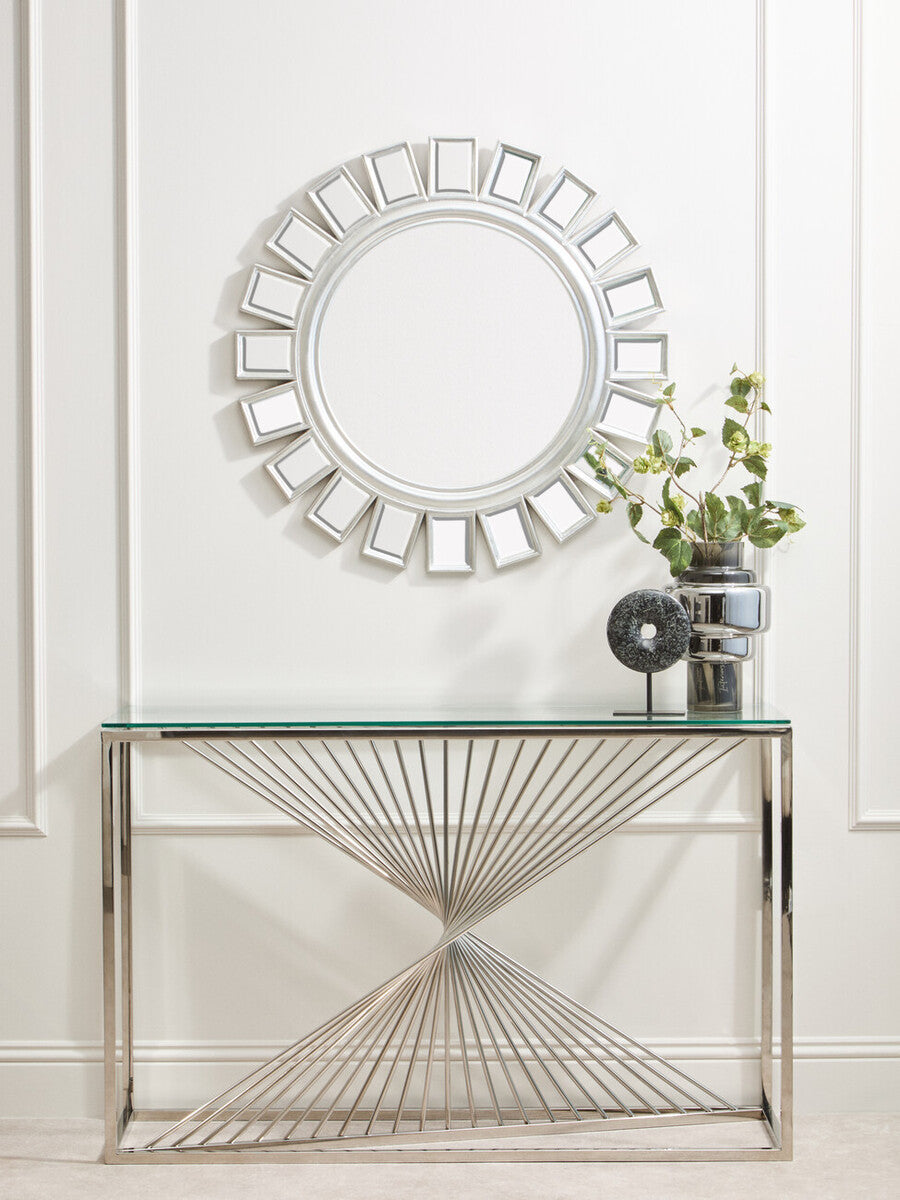 Clear Tempered Glass Top Console Table with Silver Finish Stainless Steel and Twisted Staircase Base | Amella