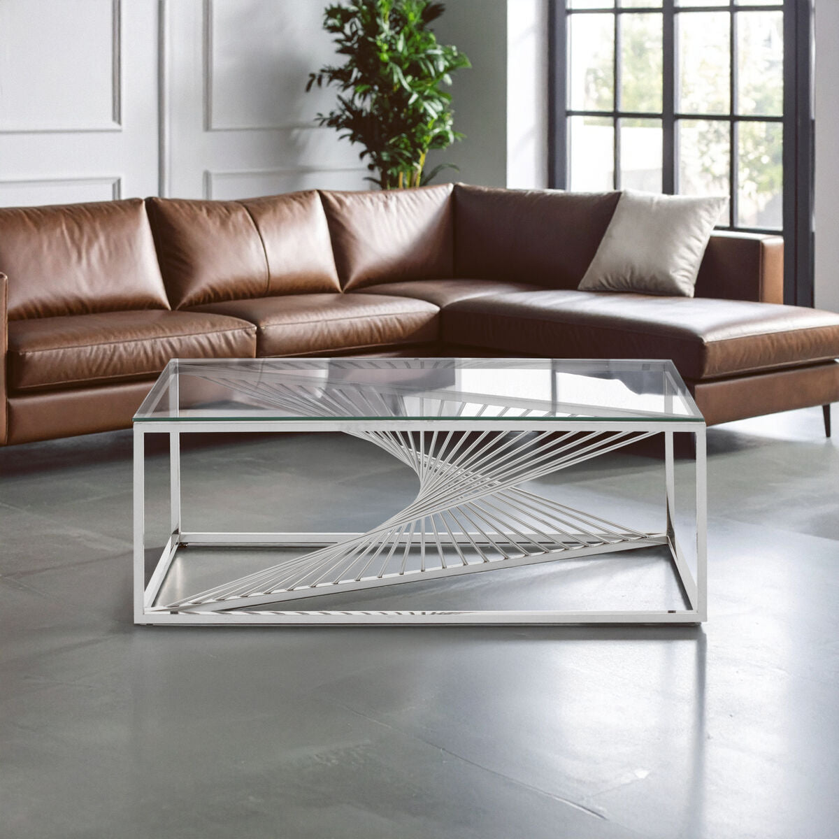Silver Finish Steel Frame Coffee Table with Glass Top, Amella