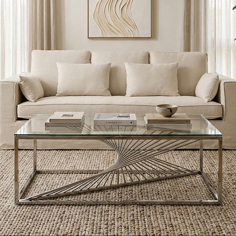 Silver Finish Steel Frame Coffee Table with Glass Top, Amella