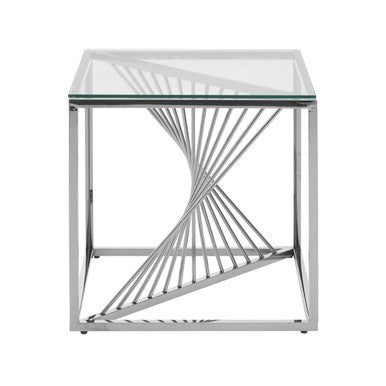Silver Stainless Steel Frame End Table with Clear Tempered Glass Top and Spiral Staircase Inspired Centre, Amella