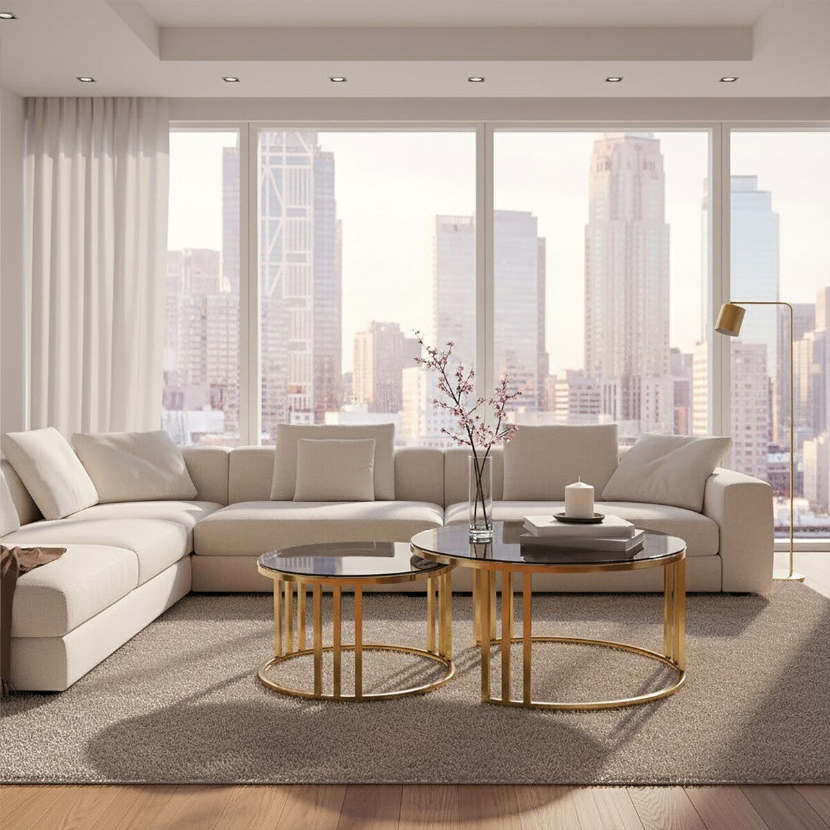 Alana Set of 2 Gold Base and Glass Top Round Nesting Coffee Tables