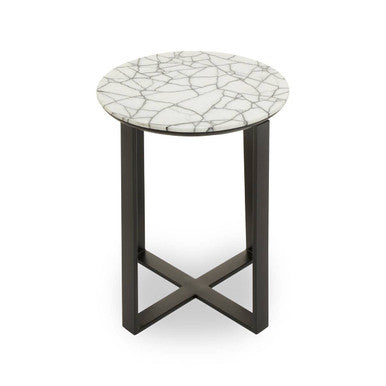 Marble Top Side Table With Black Iron Stand, Marmara