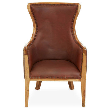 Kendari Brown Cow Leather and Teak Wood Frame Chair